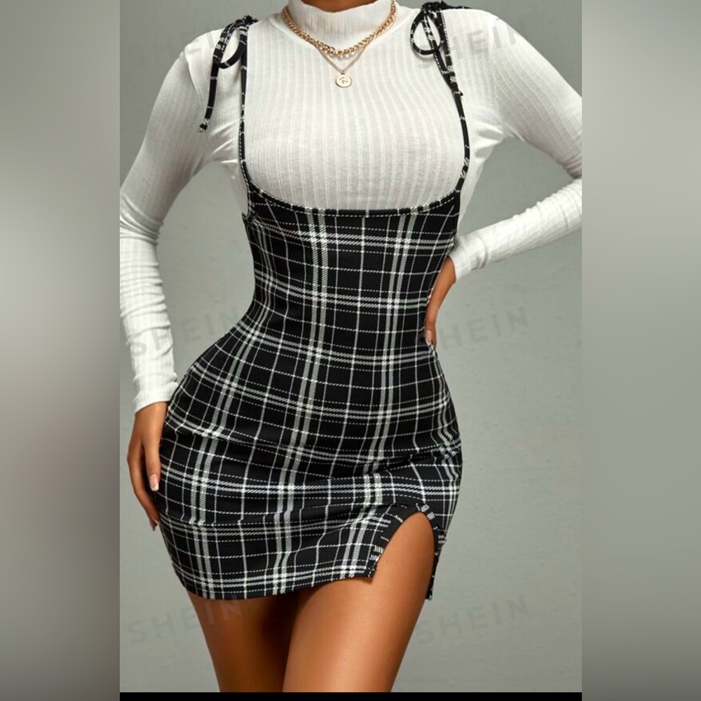 Plaid Print Tie Shoulder Split Hem Suspender Dress
